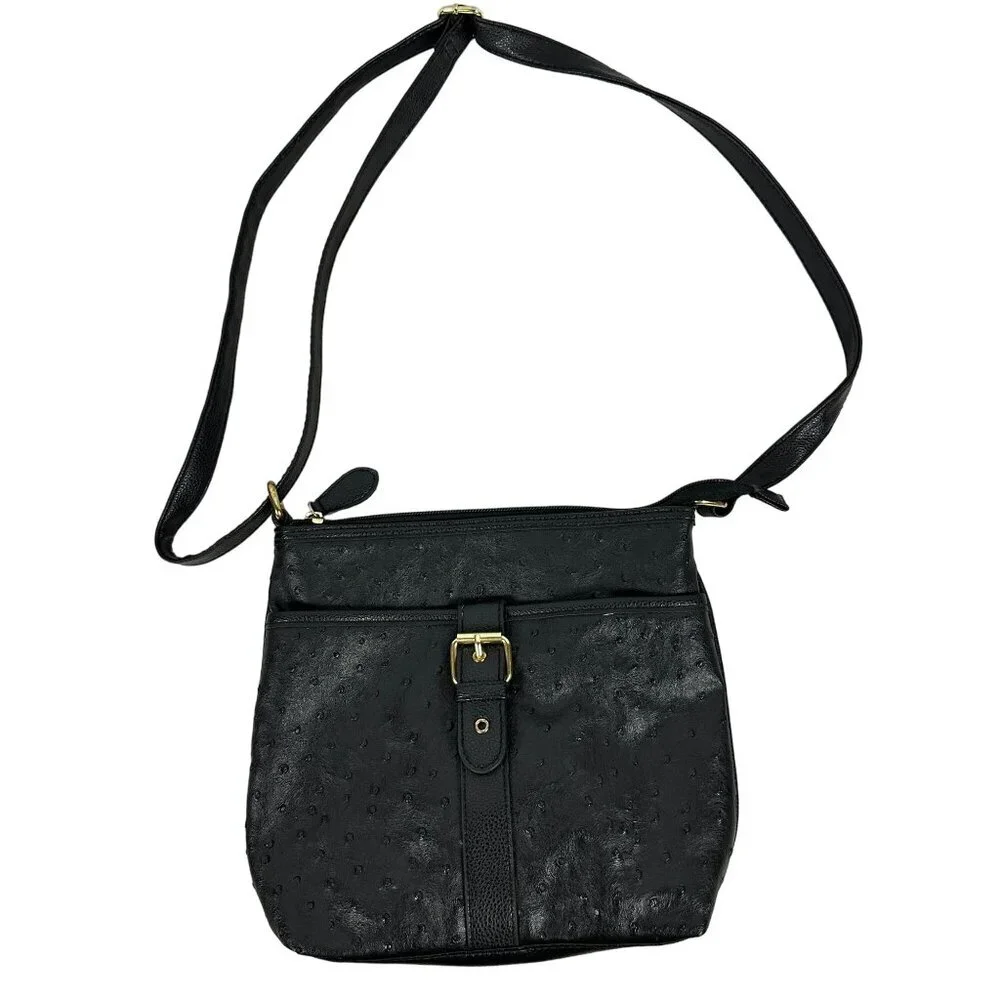 Treviso Black Faux Leather Crossbody Bag With Adjustable Strap & Buckle Detail